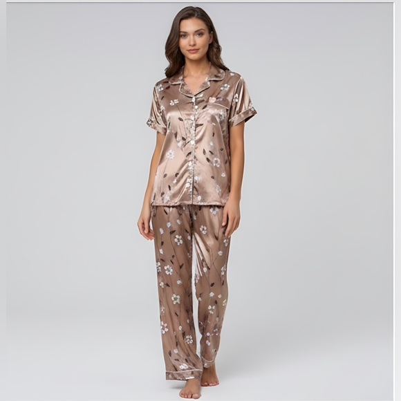 Satin Floral Print Contrast Piping Pyjama Set - Picture 3 of 6